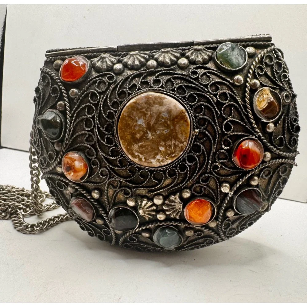 Vintage Sajai handmade‎ metal filigree with precious stones inlay & chain strap